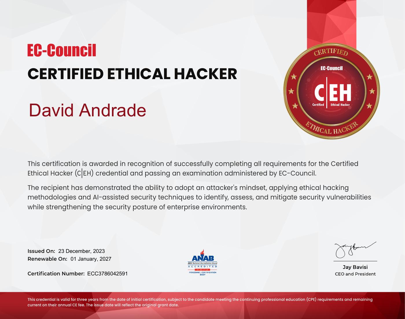 Certificado Certified Ethical Hacker de David Andrade
