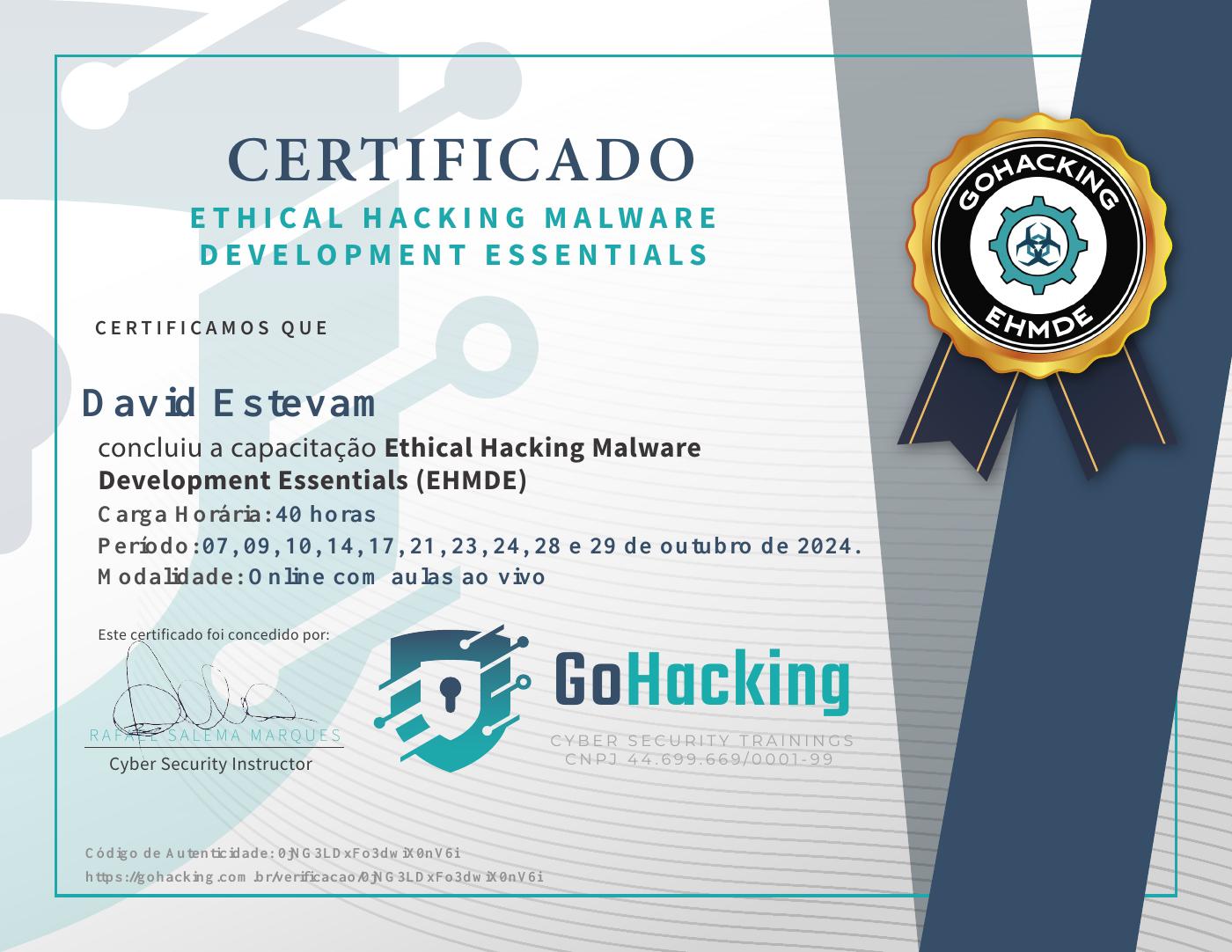 Certificado Ethical Hacking Malware Development Essentials de David Andrade