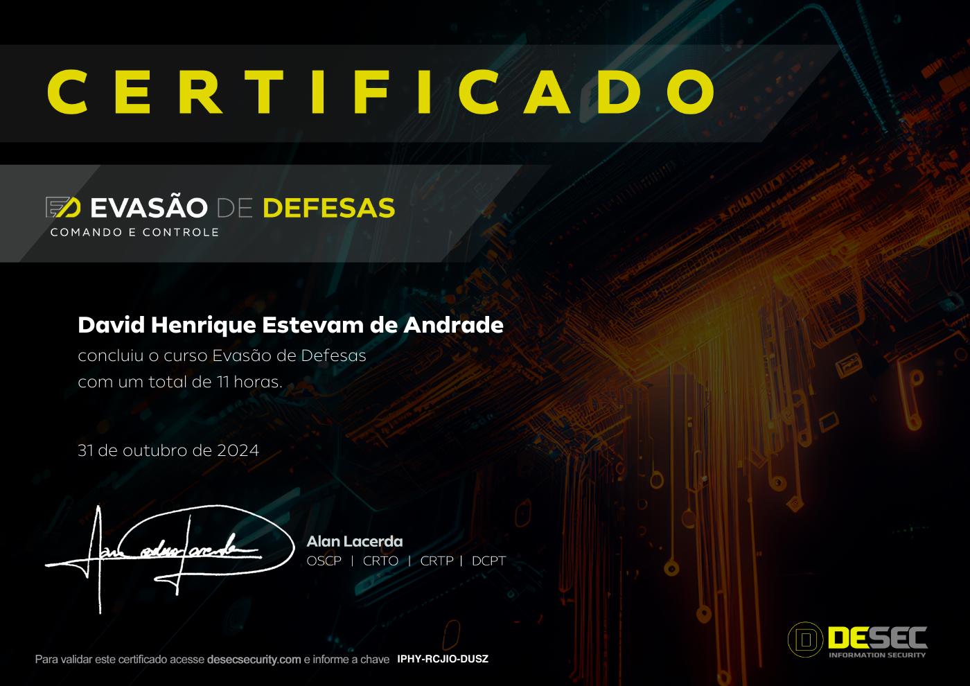 Certificado Evasão de Defesas de David Andrade
