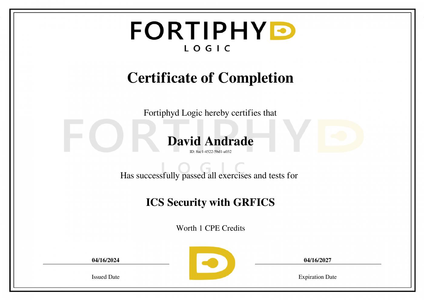 Certificado ICS Security with GRFICS de David Andrade